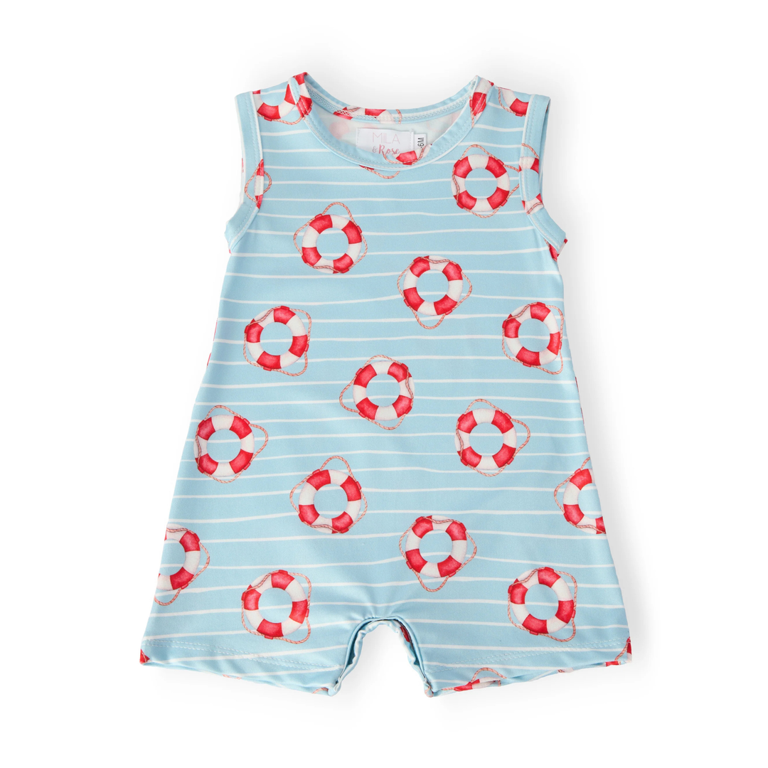 Children's sleeveless romper with life buoy pattern on a light blue background