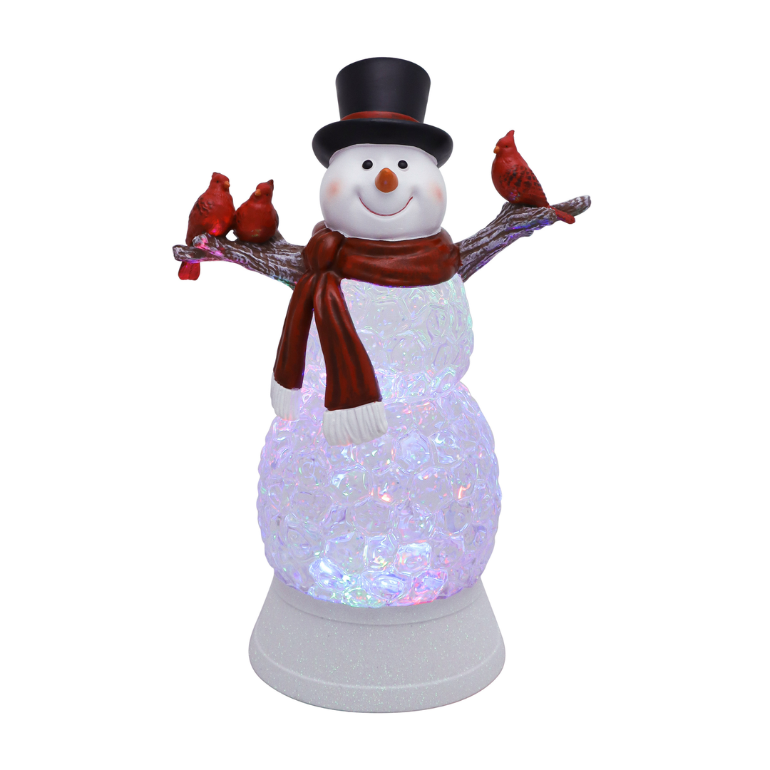 A snowman figurine with a black top hat, red scarf, and red birds on its outstretched branches, standing on a white base against a plain white background.