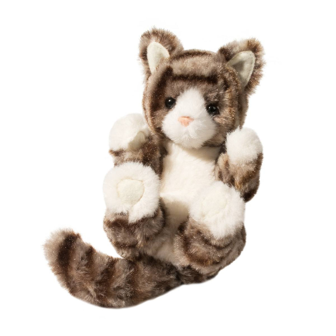 Plush toy cat with brown and white fur on a white background