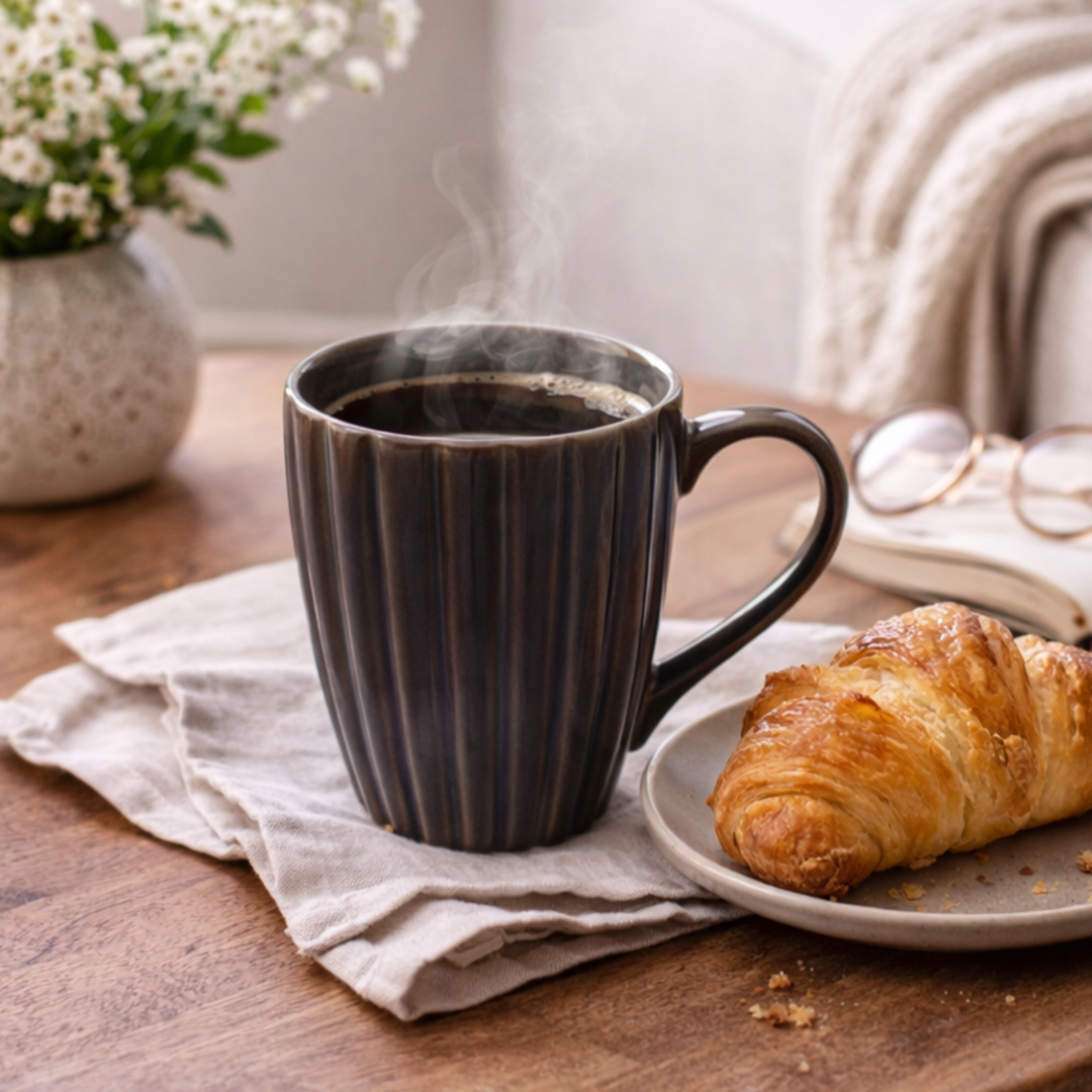 Steaming black coffee in a mug with a croissant on a wooden table, accompanied by a vase of white flowers and glasses.