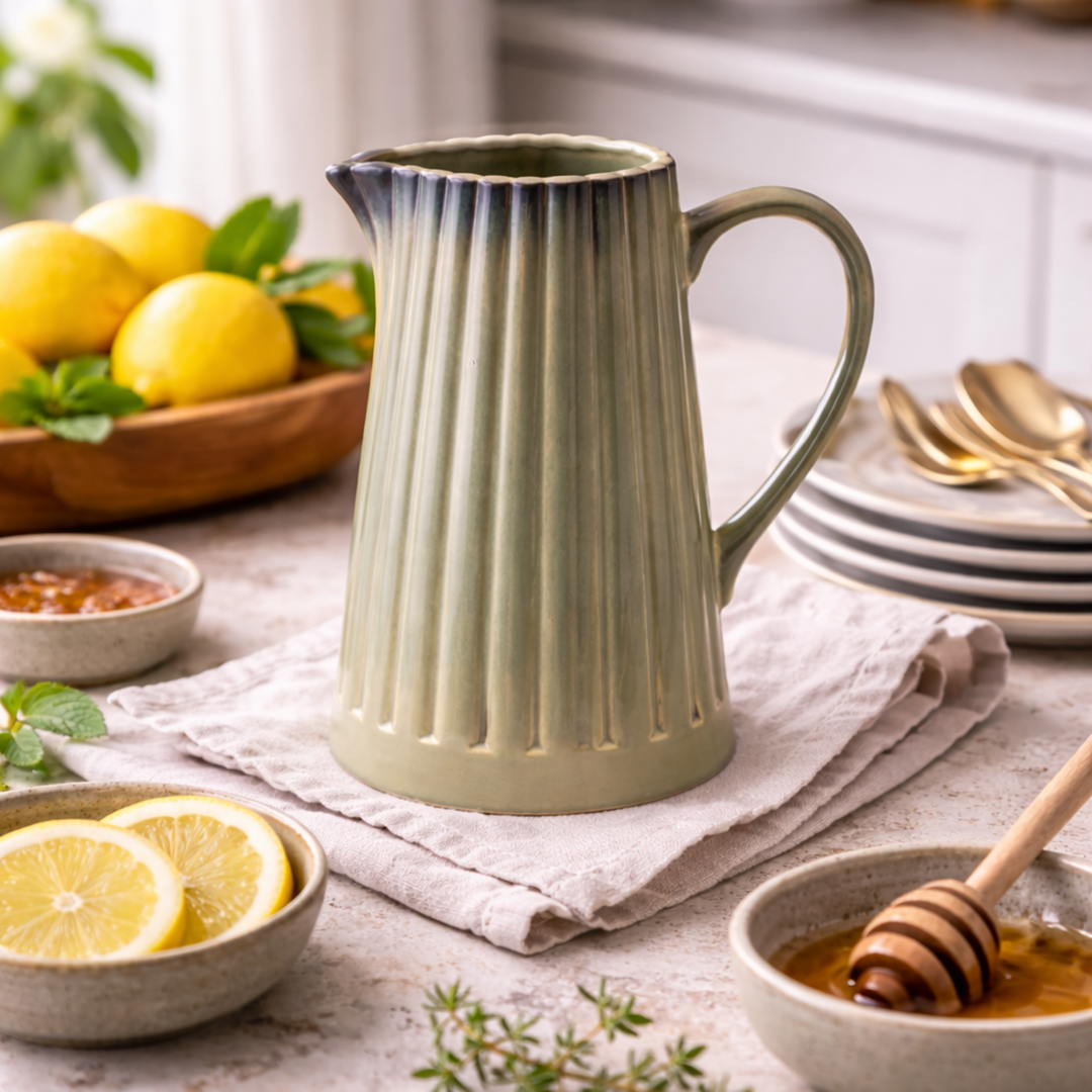 Green ceramic pitcher on a table with lemons, honey, and utensils.