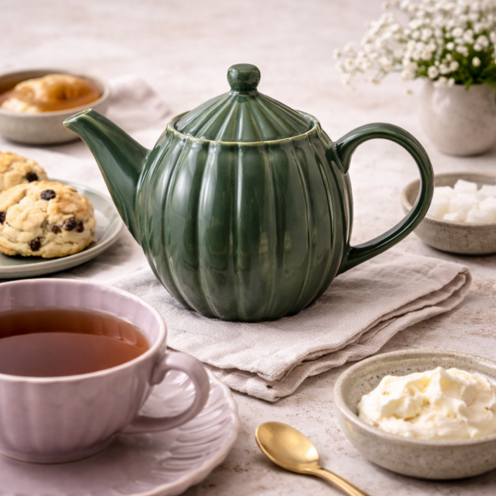 fluted dark green teapot on a kitchen towel