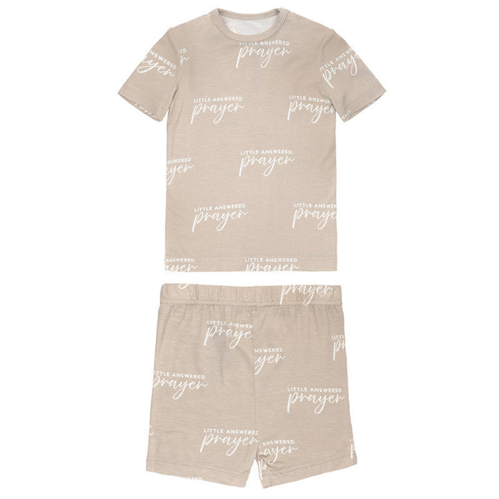 Beige t-shirt and shorts set with 'little answerer prayer' text on a white background