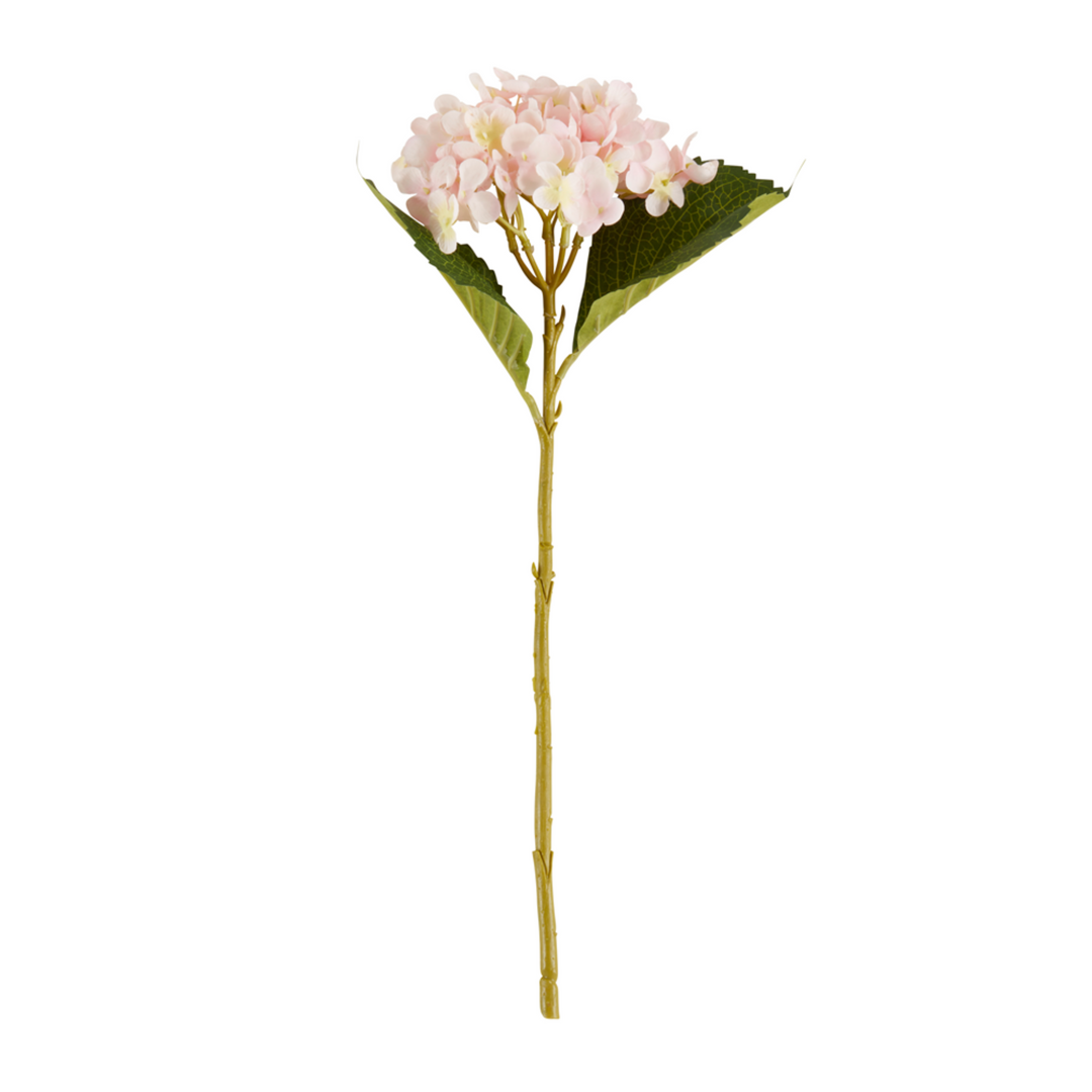 Artificial flower stem with pink flowers and green leaves on a white background