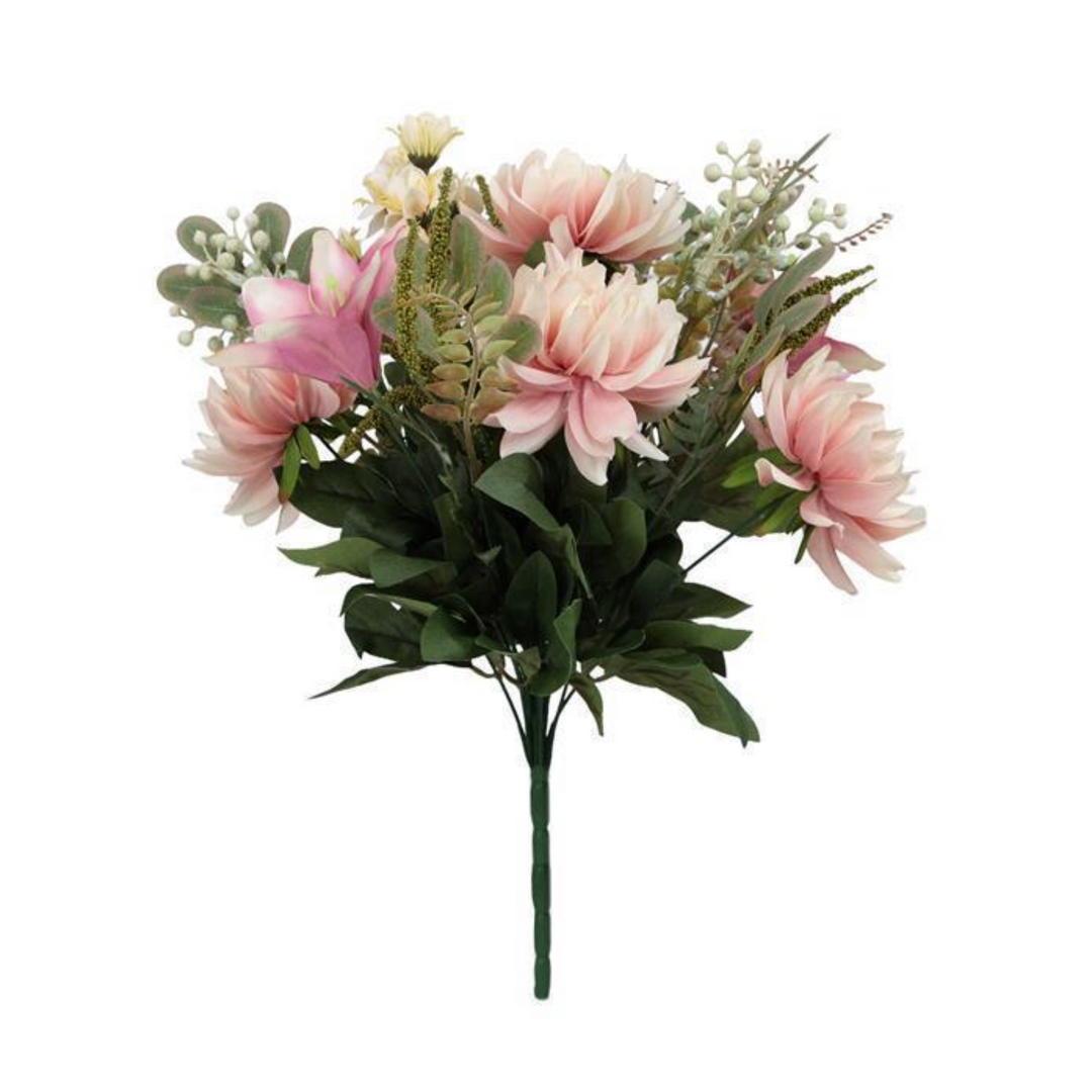 Bouquet of pink flowers with green leaves on a white background