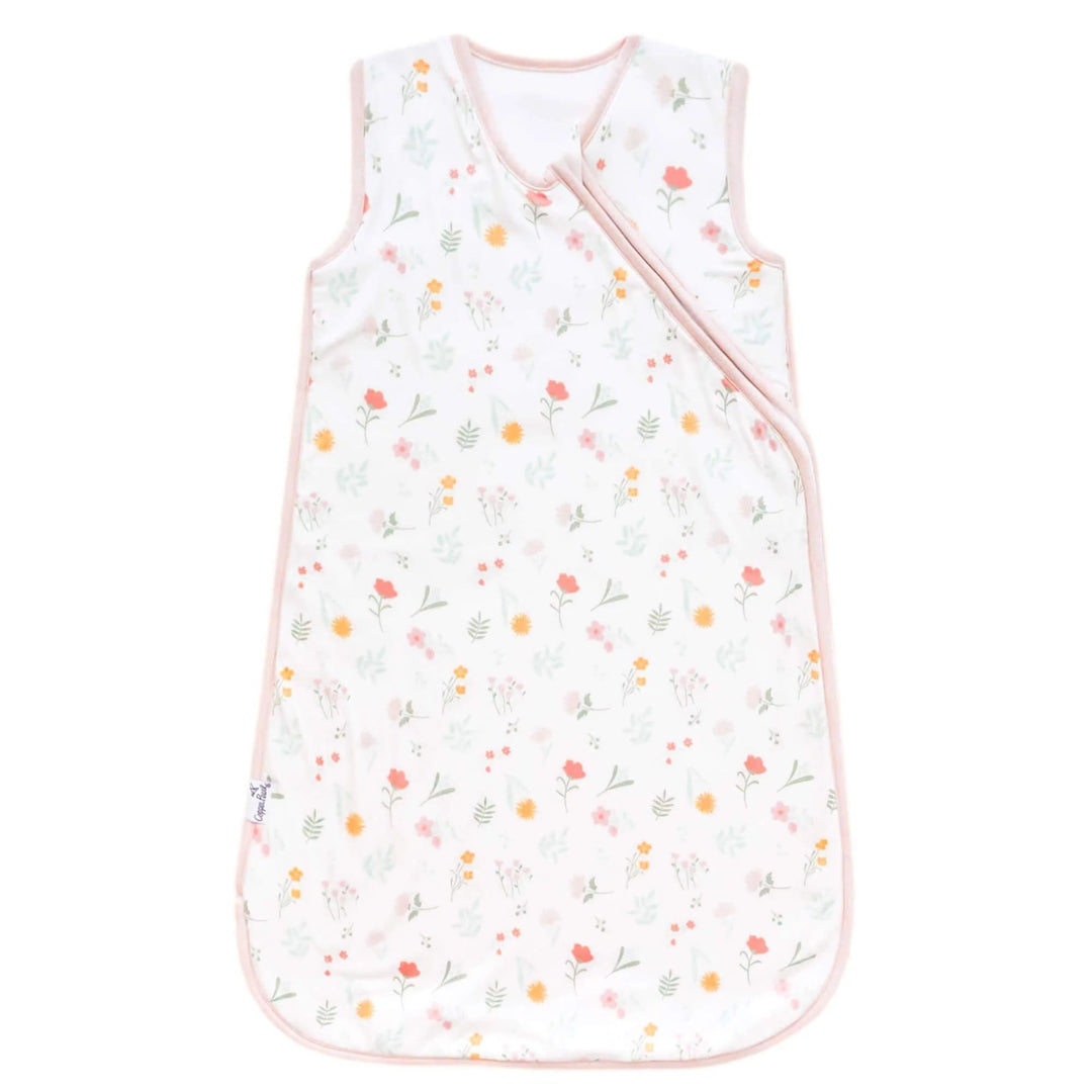 Floral patterned baby sleeping bag on a white background