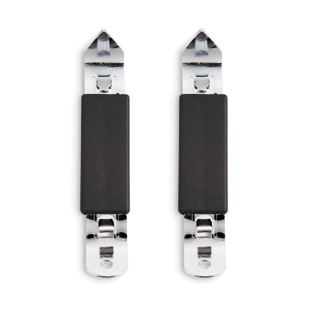 Pair of black and chrome door handles on a white background