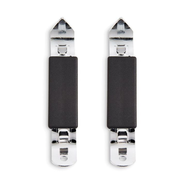 Pair of black and chrome door handles on a white background