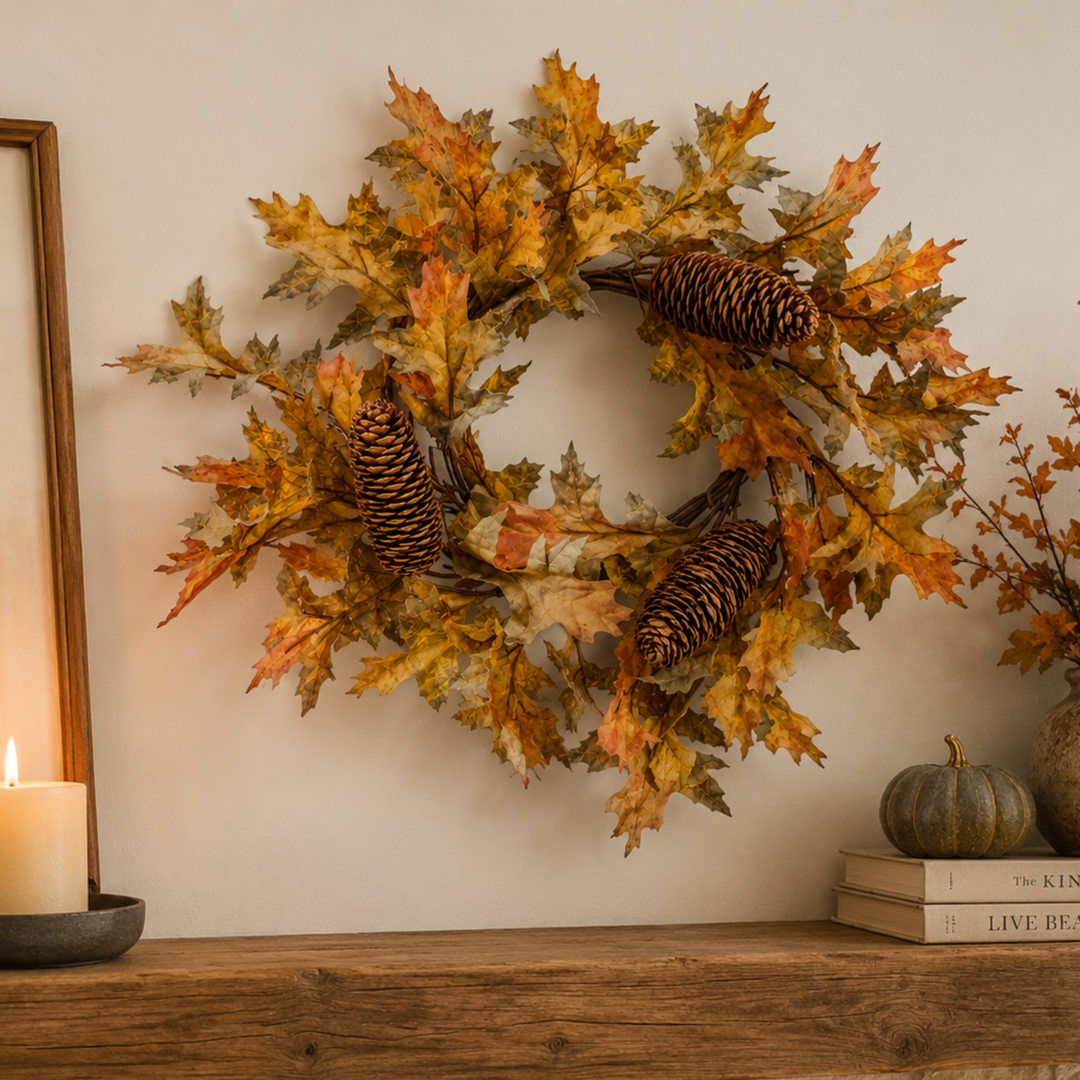 An autumn-themed artificial leaf wreath with pinecones hangs on a white wall above a rustic wooden mantel decorated with a candle, framed art, books, a small pumpkin, and a vase of dried branches.