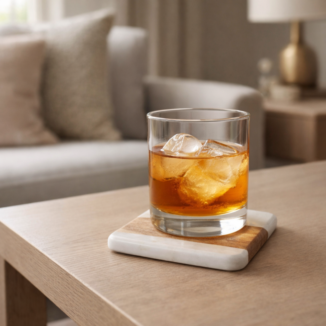 Glass of iced drink on a coaster with a blurred living room background