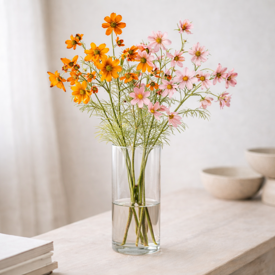Clear glass vase with orange and pink flowers on a light surface
