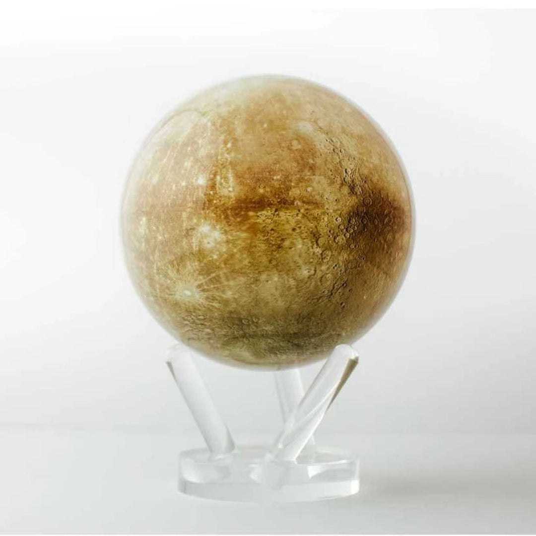 Model of a celestial body, possibly a moon, on a stand against a white background