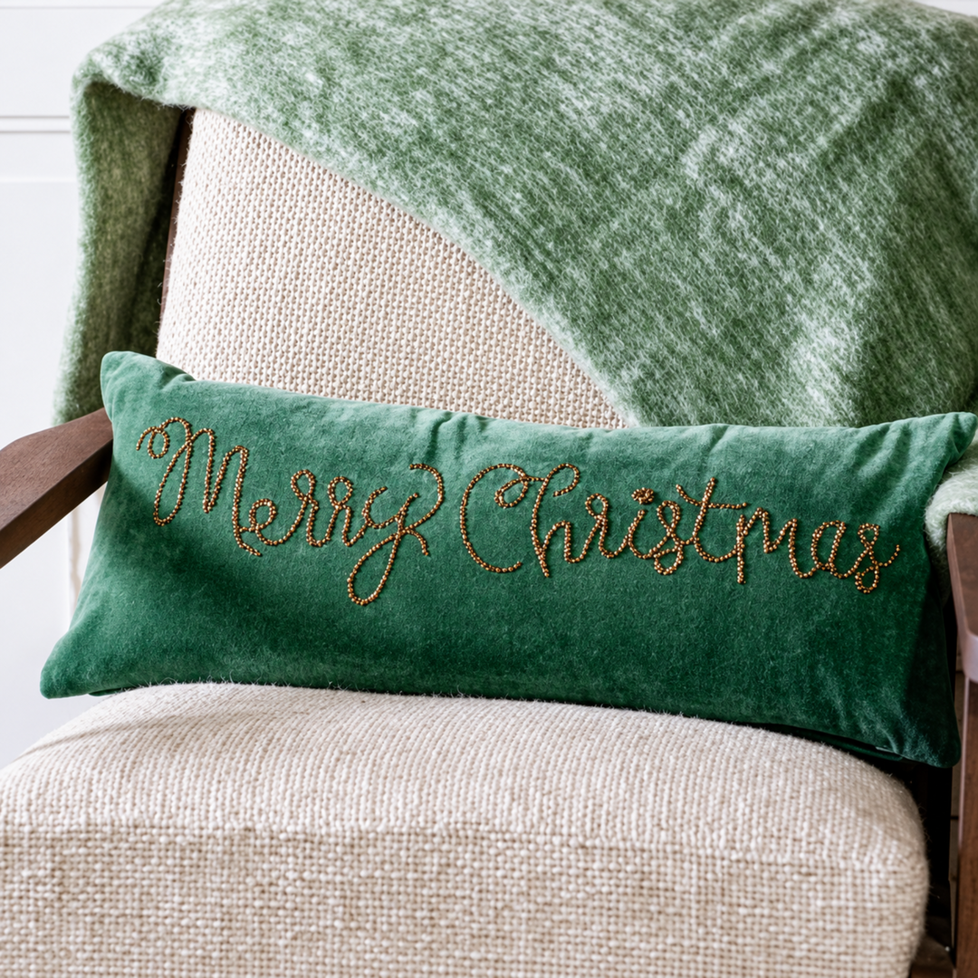 Merry Christmas Green Velvet Pillow