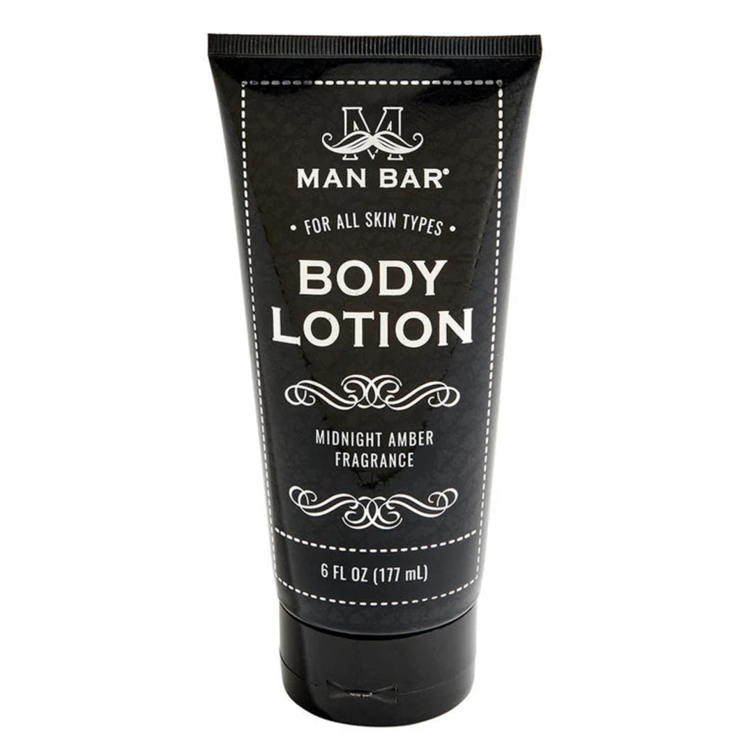 Black body lotion tube with 'Man Bar' branding on a white background