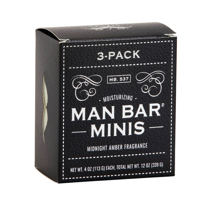 Black box packaging for Man Bar Minis 3-pack soap with 'Midnight Amber Fragrance' text.