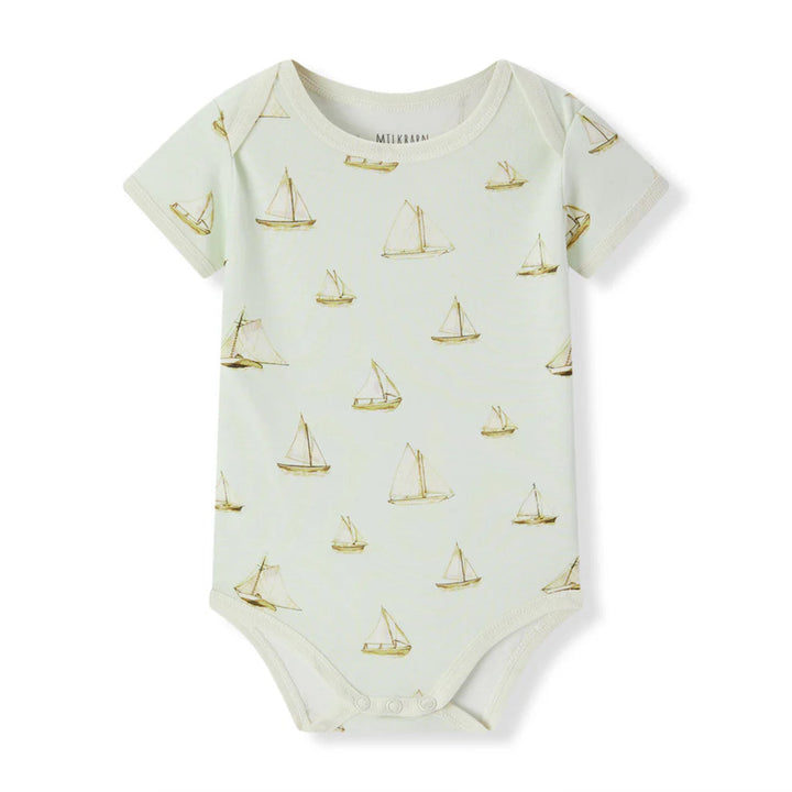 Milkbarn Sailboat Melody Short Sleeve Onesie on white background