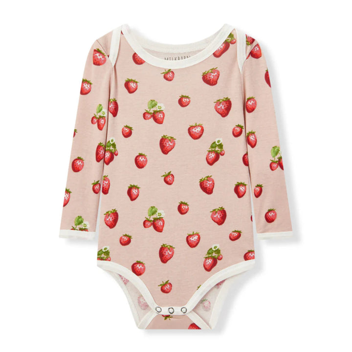 Baby onesie with strawberry pattern on a white background