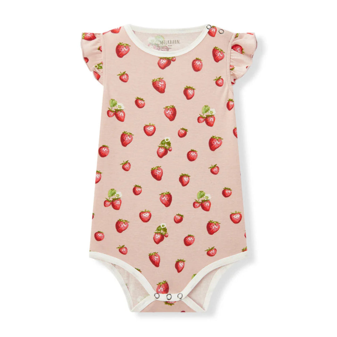 Baby onesie with strawberry pattern on a white background