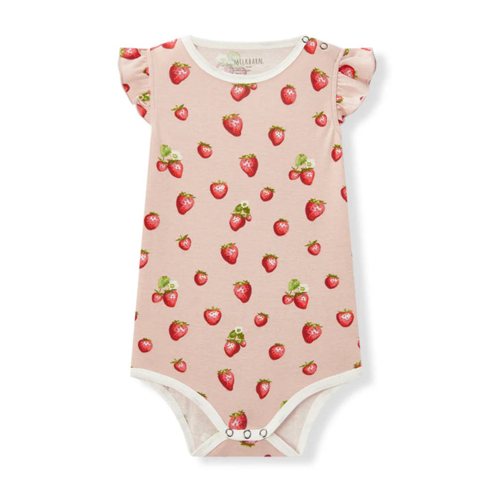 Baby onesie with strawberry pattern on a white background
