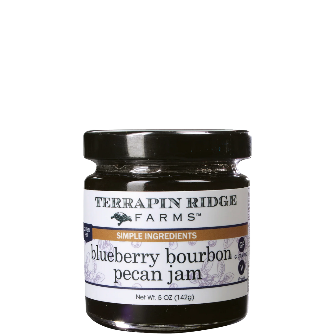 Jar of Terrapin Ridge Farms blueberry bourbon pecan jam on a white background