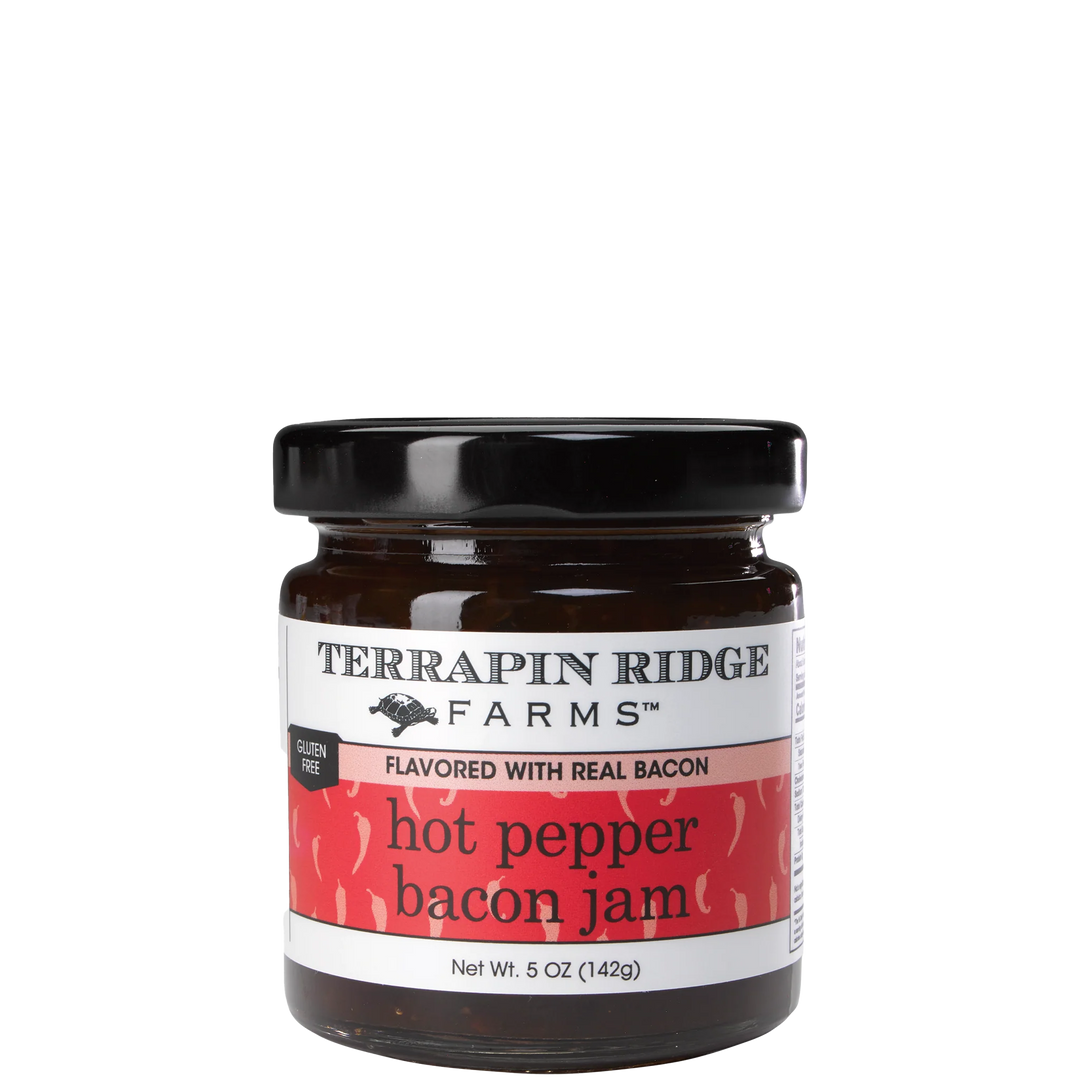 Jar of Terrapin Ridge Farms hot pepper bacon jam on a white background