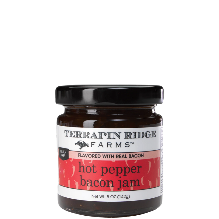 Jar of Terrapin Ridge Farms hot pepper bacon jam on a white background