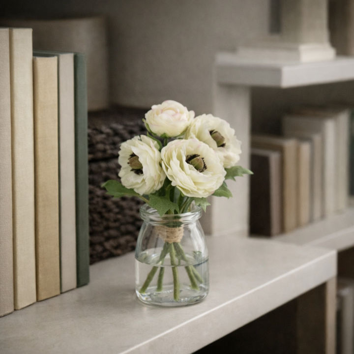 Mini White Ranunculus Vase Arrangement on a bookshelf with books beside it 
