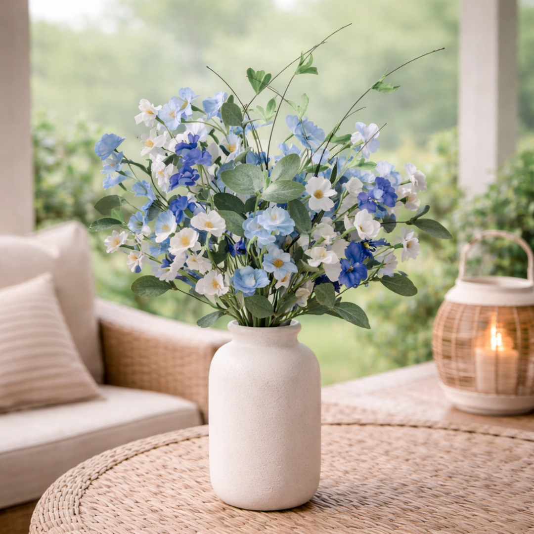 Bouquet of blue and white flowers in a white vase on a table with a blurred outdoor background