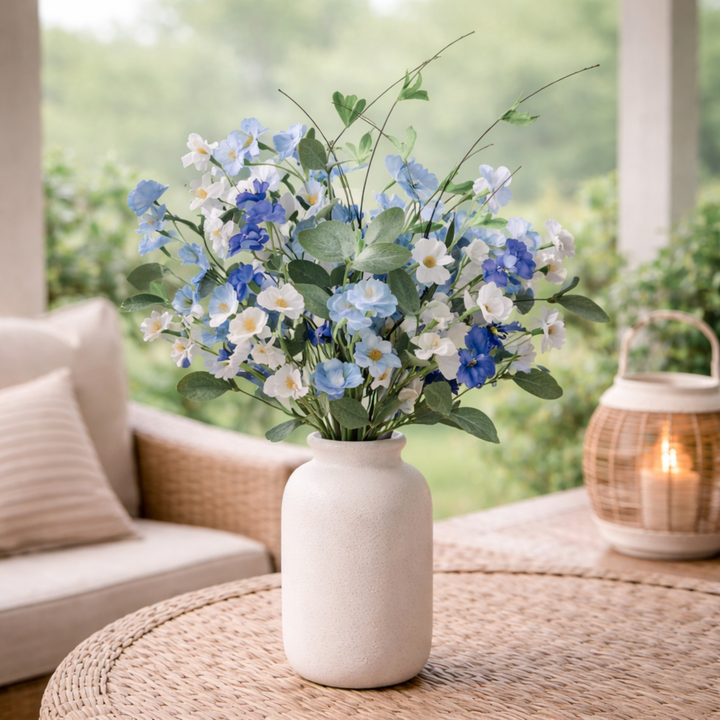 Bouquet of blue and white flowers in a white vase on a table with a blurred outdoor background
