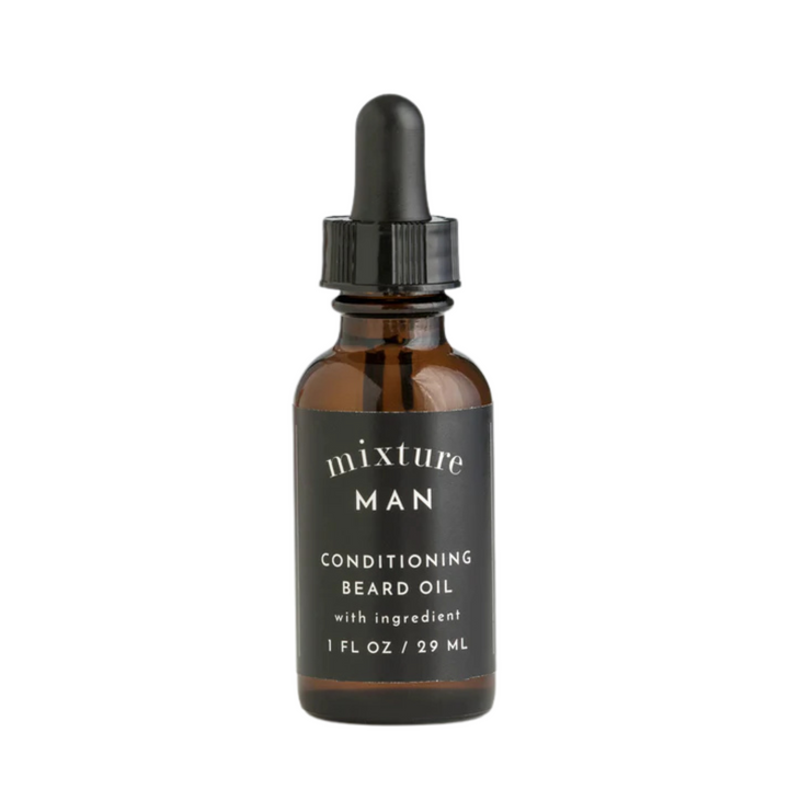 A bottle of Mixture Man Conditioning Beard Oil with a dropper cap. The label shows 'MIXTURE MAN' and indicates the product is with é ingredient, 1 oz / 29 ml size.