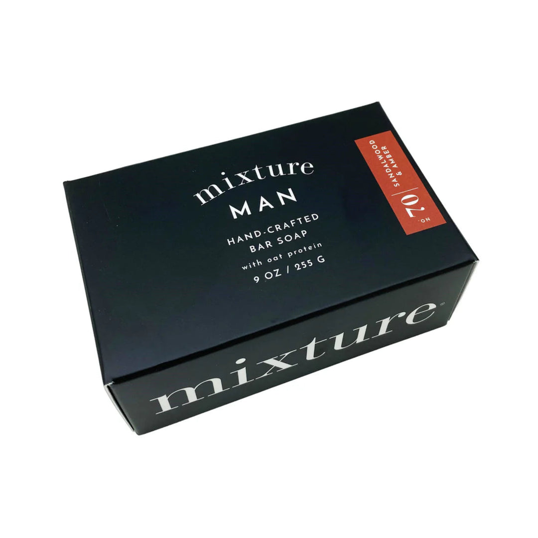 Black box of 'mixture MAN' handcrafted bar soap on a white background