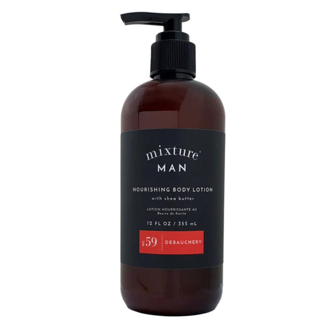Brown bottle of 'mixture MAN' nourishing body lotion with pump on a white background