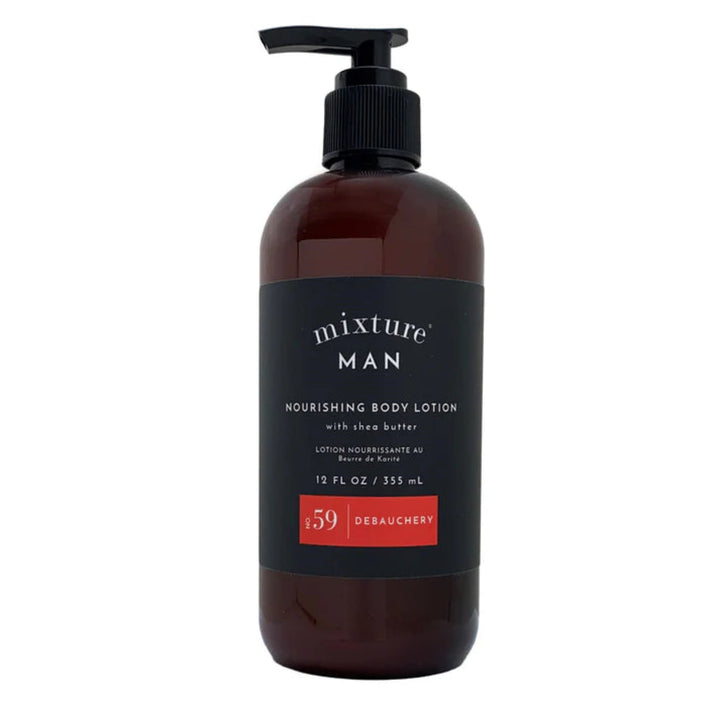 Brown bottle of 'mixture MAN' nourishing body lotion with pump on a white background