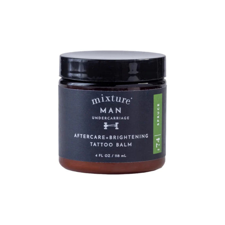 Tattoo balm jar labeled 'mixture MAN' on a white background