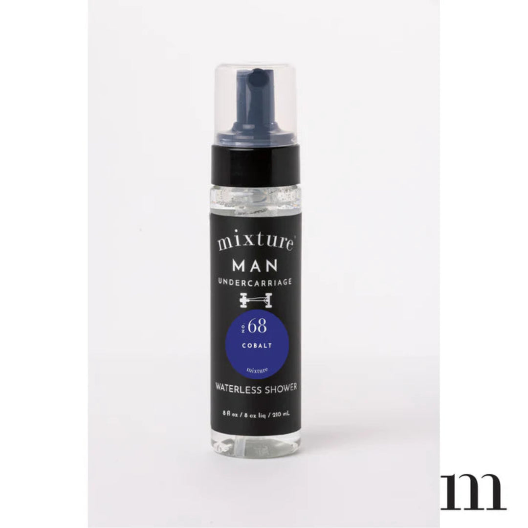 Bottle of 'mixture MAN' waterless shower on a white background