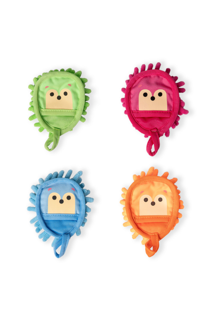 Four colorful animal-shaped pouches on a white background
