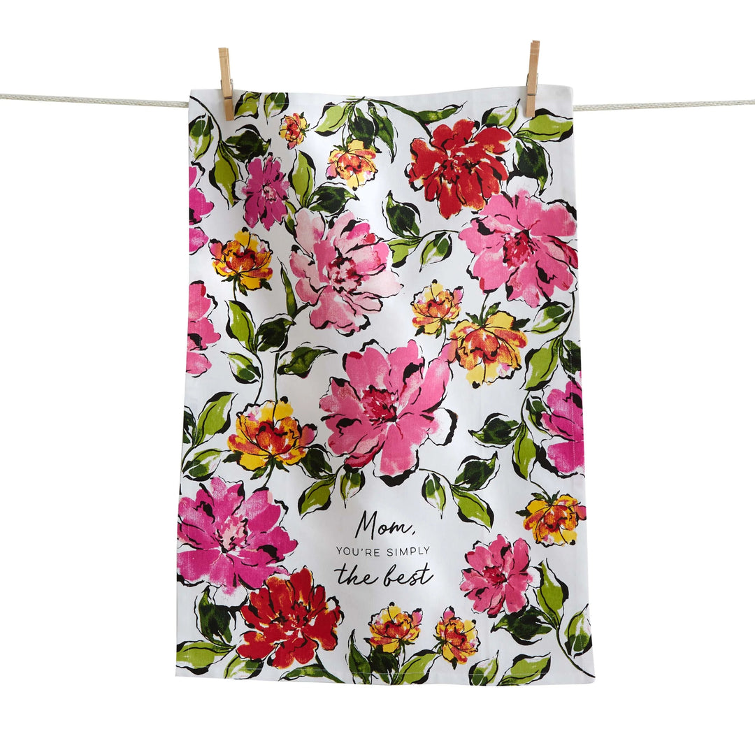 Floral towel with 'Mom, you're simply the best' text on a white background
