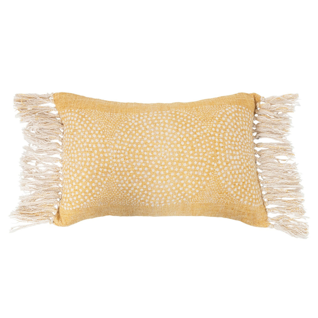 Yellow pillow with white patterns and beige fringes on a white background
