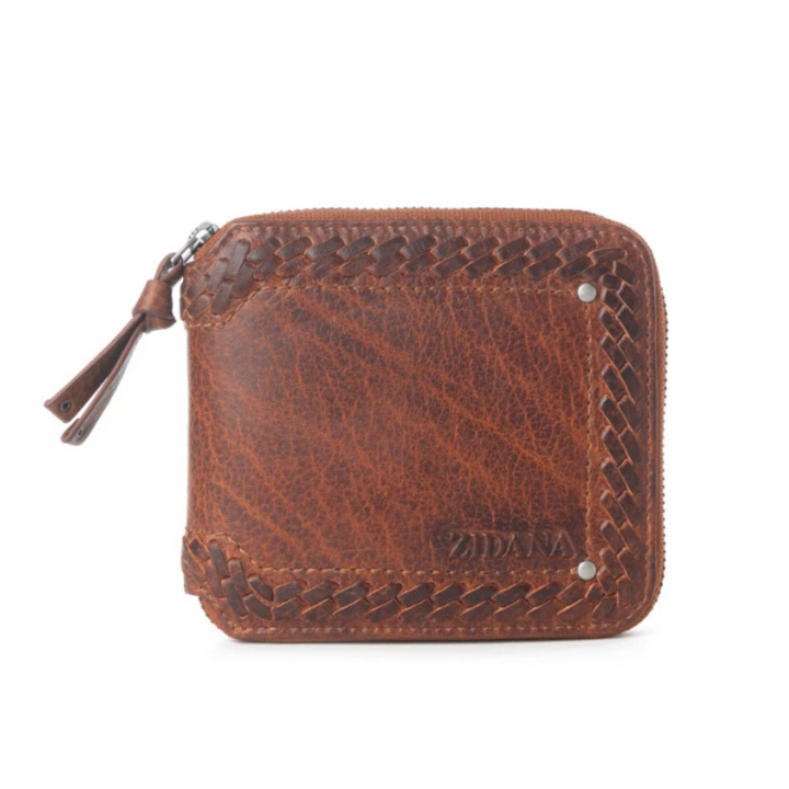 Brown leather wallet with braided design on a white background
