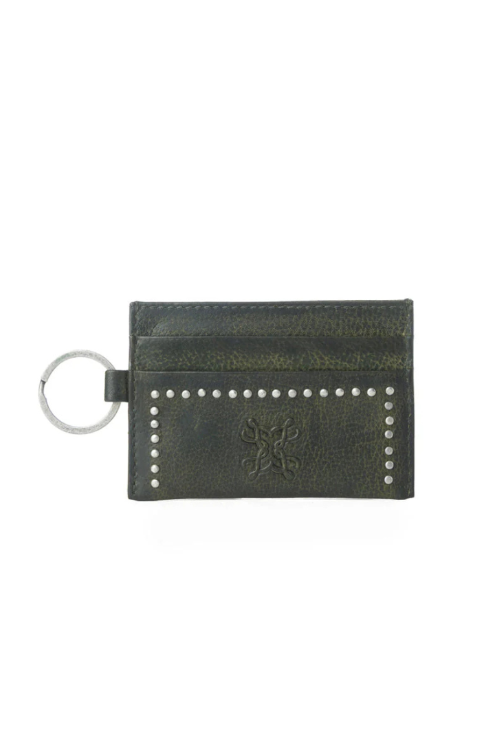 Black leather keychain with studs on a white background