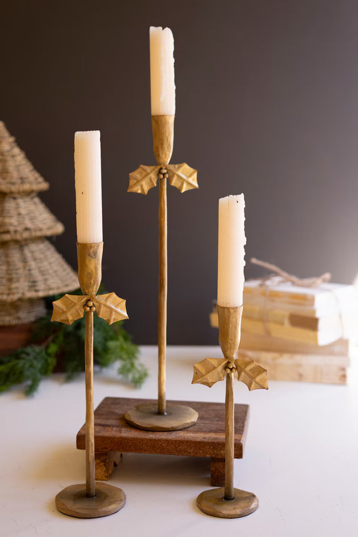 Antique Gold Holly Taper Candle Holder