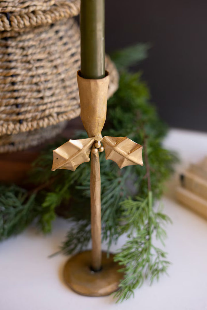 Antique Gold Holly Taper Candle Holder