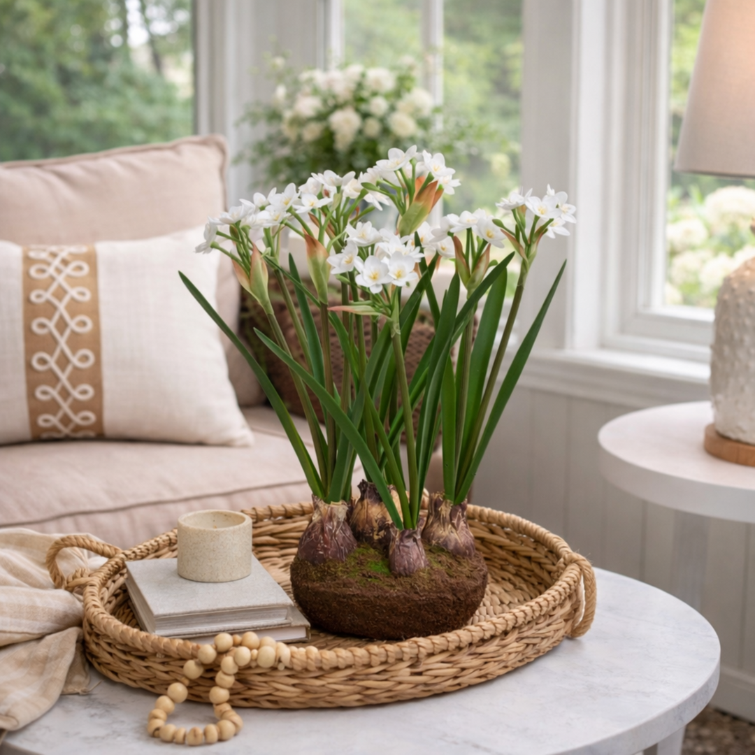 Potted plant on a round table with a couch and window in the background