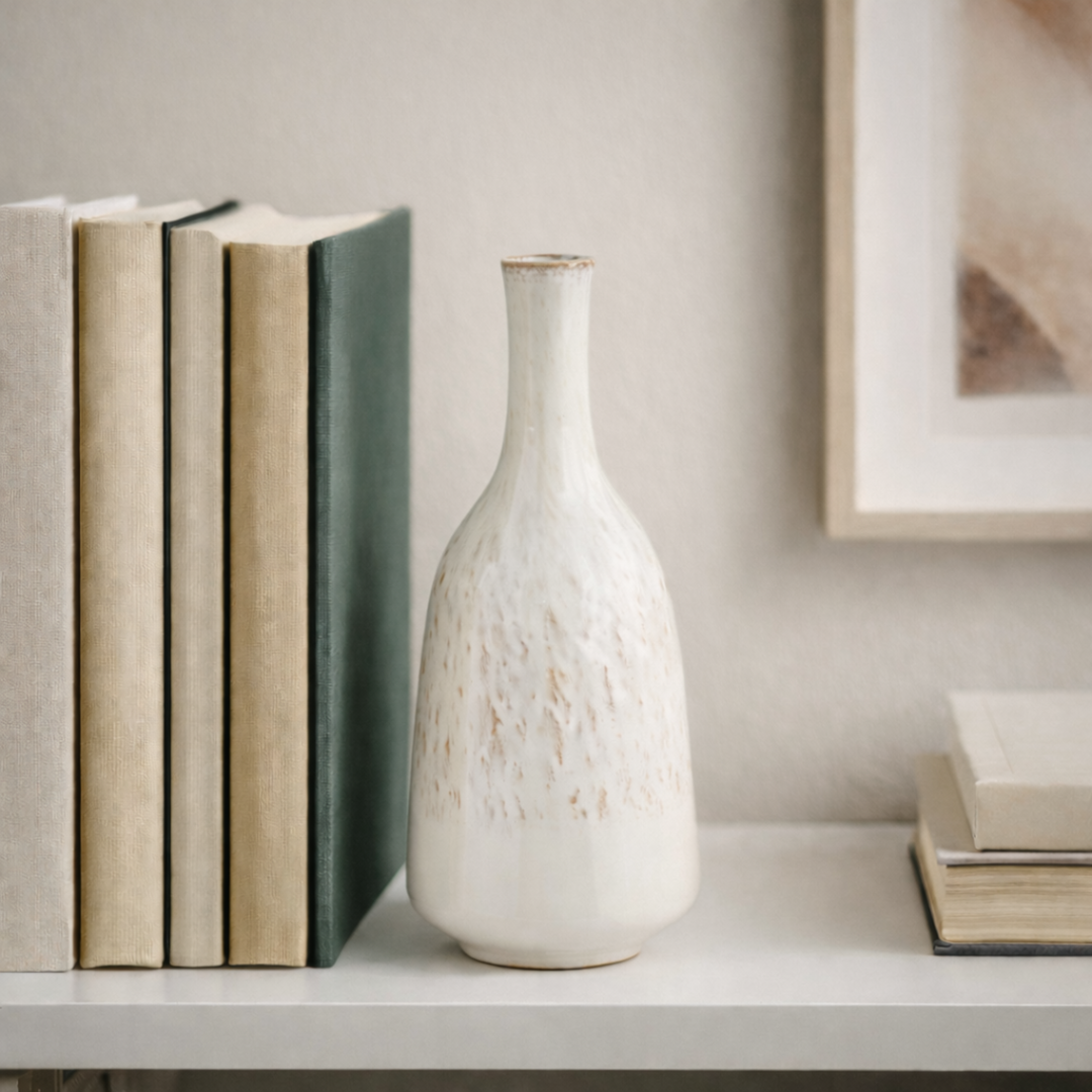 White textured vase on a shelf with books and a framed picture in the background