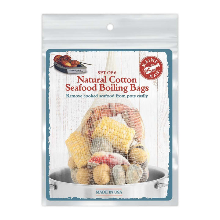 Packaged natural cotton seafood boiling bags with a teddy bear design on a white background