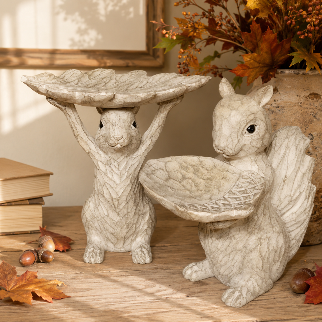 Two faux stone squirrel garden figurines in a warm neutral setting. One squirrel holds a leaf-shaped tray overhead, and the other sits beside it holding a matching leaf tray.
