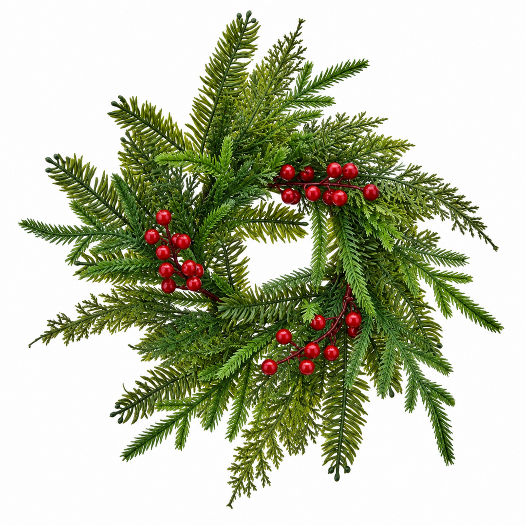 A festive artificial Christmas wreath made of green pine branches with clusters of shiny red berries, isolated on a white background.