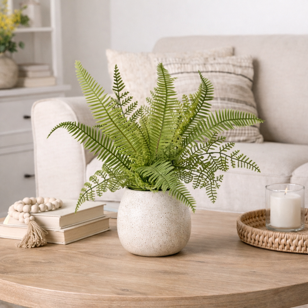 Fern plant in a pot on a wooden table with a couch and decor items in the background