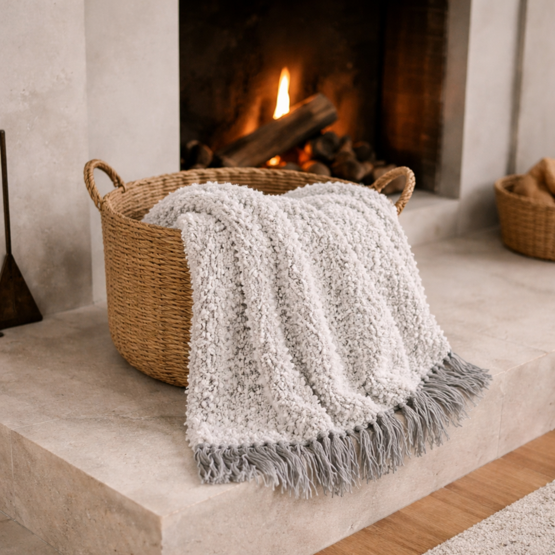 Woven basket with a textured blanket draped over it in front of a fireplace.