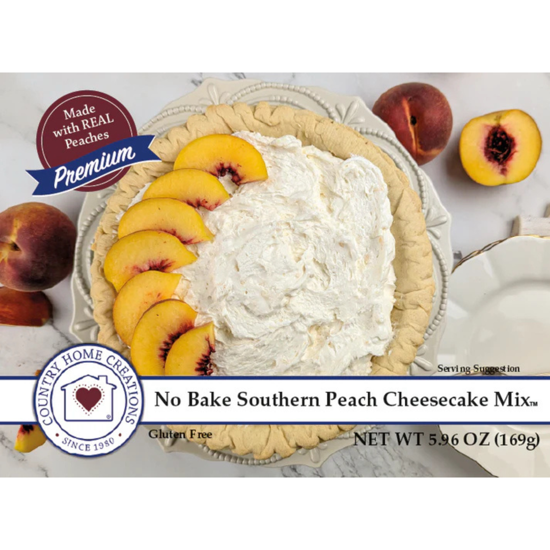 No Bake Southern Peach Cheesecake Mix packaging with a pie and peaches on a white background